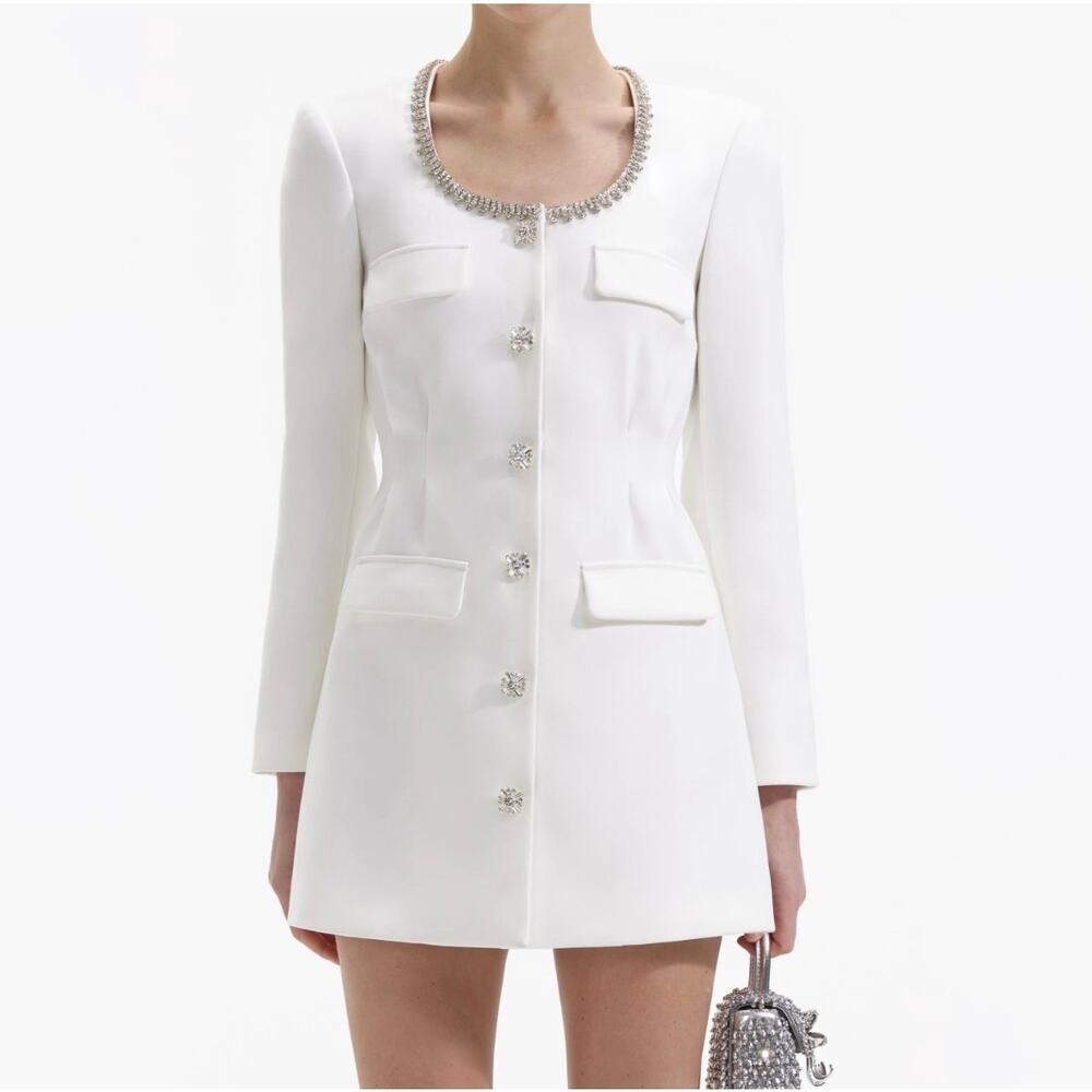 NEW NWT Self Portrait White Crepe Diamante Trim Mini Dress size 4 Small